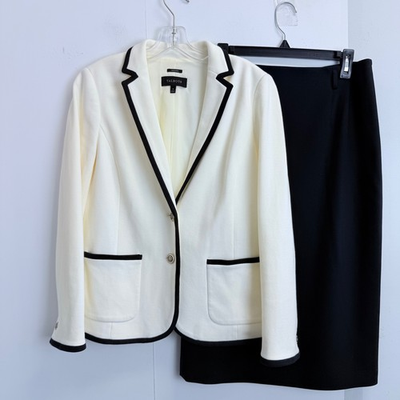 #ad Talbots Aberdeen Ivory Black Trim Blazer amp; Skirt Set Size 8 10 Crested Buttons $55.99