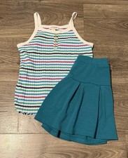 Girls 6/7 Teal Outfit Ribbed Stripe Tank Top Pleated Skort Skirt Set