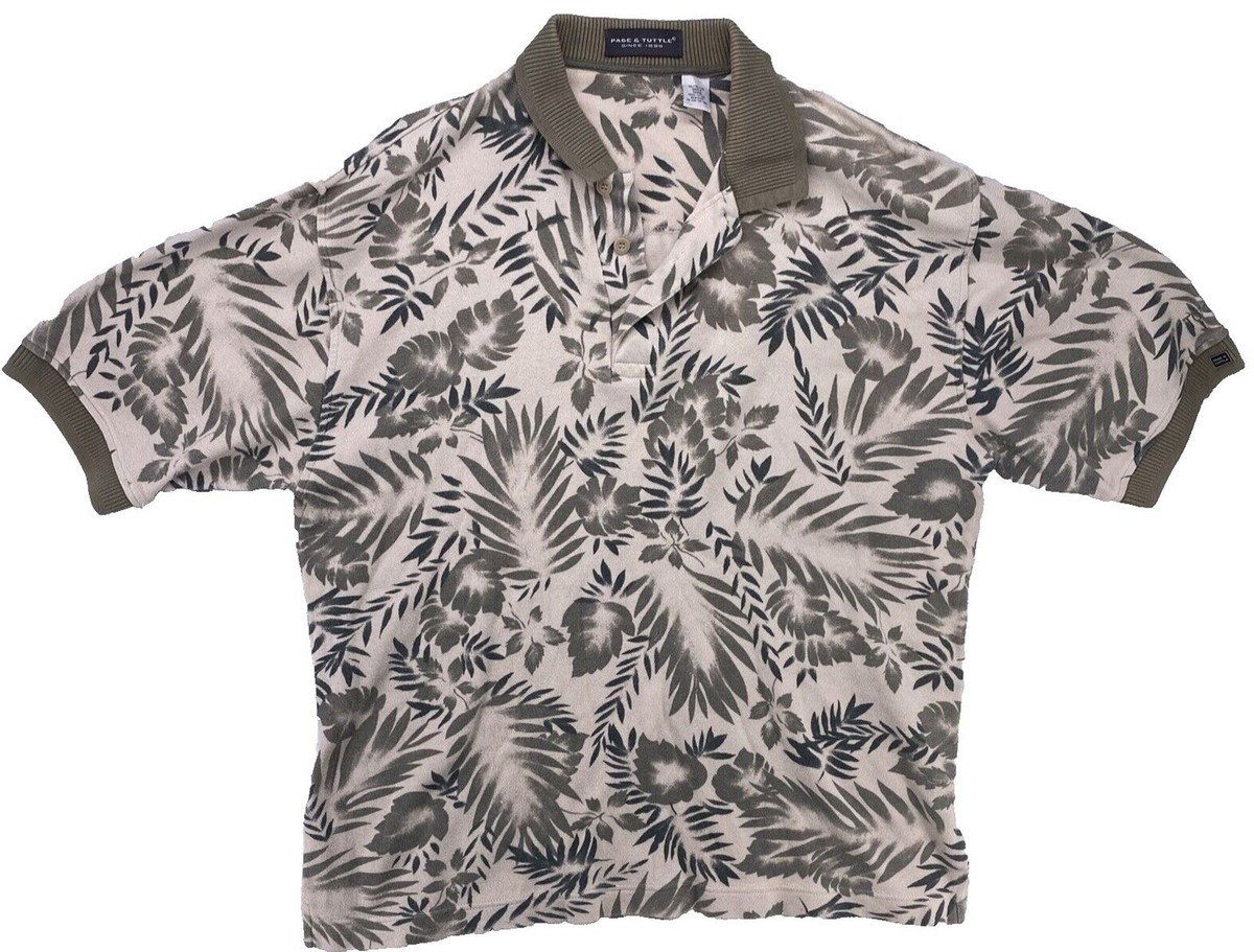 Page & Tuttle Mens XL Polo Shirt Short Sleeve Cotton Tropical Floral Palm Olive