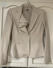 Ann Klein Women's Tan Blazer Jacket Sz 6 One Button Ruffle Business EUC 