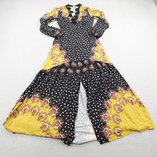 Farm Rio Dress Women XS Black Yellow Floral Blocked Maxi Long Sleeve Boho Anthro