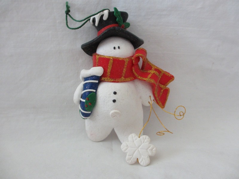 Snowman with Top Hat, Scarf, Stocking, Snow Flake 4.75" X 3.25"  Resin Material