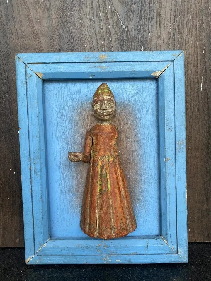 Vintage Old Wooden Hand Carved Painted Man Rustic Figure Wall Hanging Blue Frame - Image 2 of 4