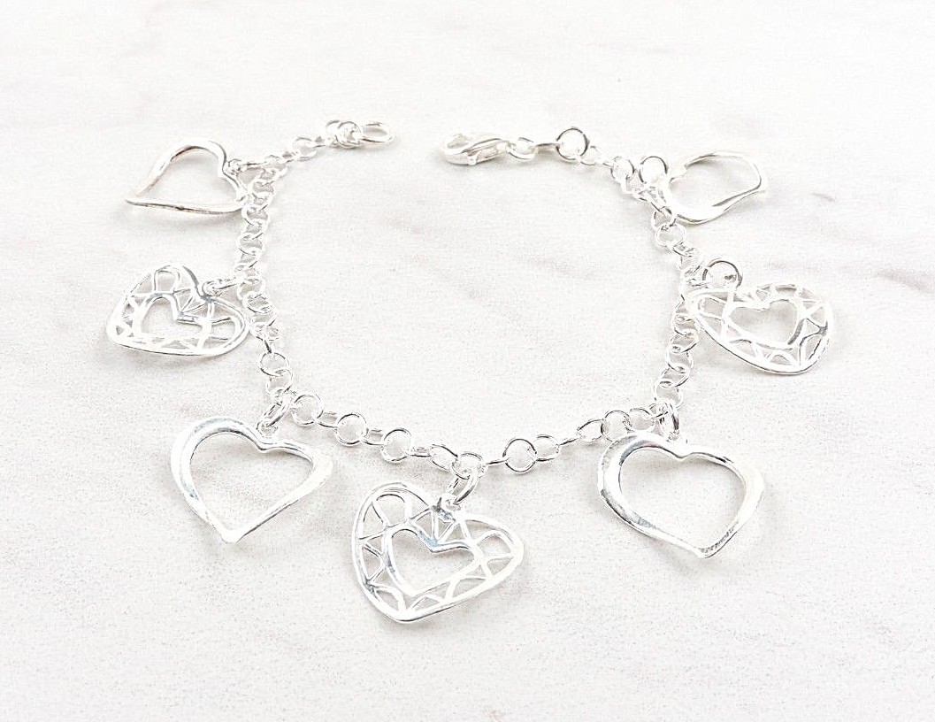 Sterling Silver Bangle Bracelet Heart Design Sz 7.50-8 In Wgt 9.4 Grams - Foto 3