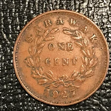 VERY FINE VF 1927 H MALAYSIA -SARAWAK 1 CENT RAJAH C.V. BROOKE-FEB070