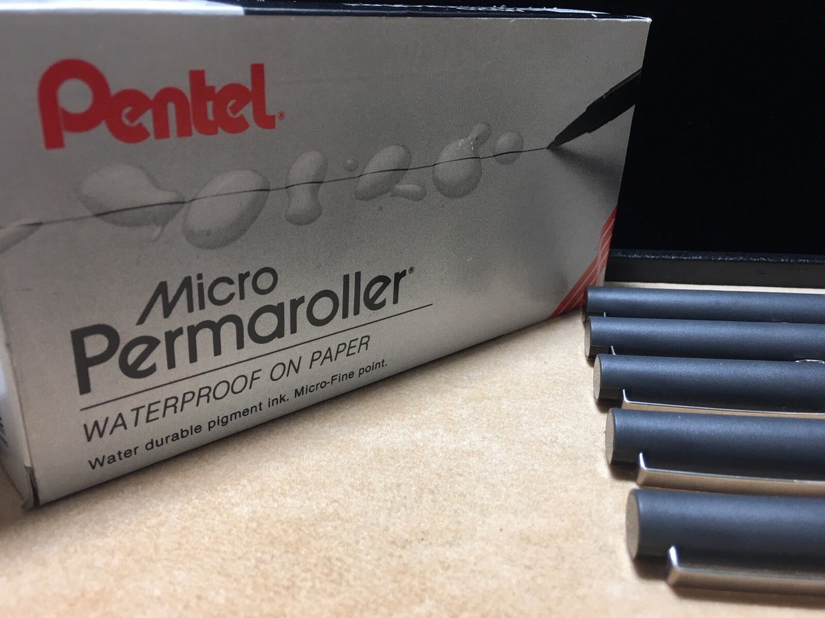 5 PENTEL, MICRO Fine PERMAROLLER, WATERPROOF ON PAPER Black INK