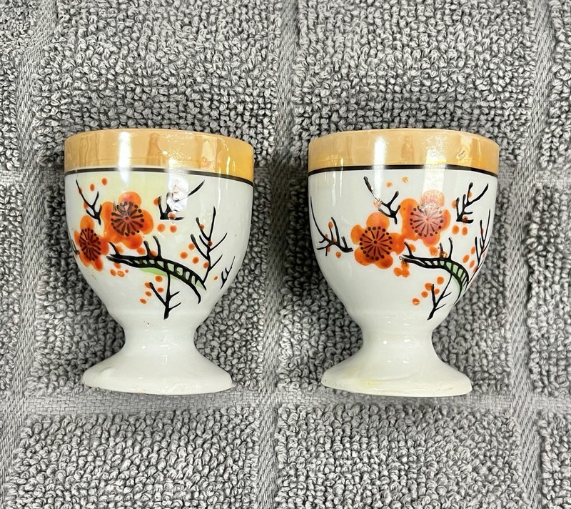 Vintage Japanese Porcelain Egg Cup Set Gold Rim Floral Pattern Set of 2