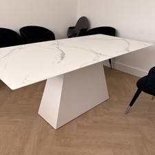 Rectangular Glass Dining Table White/Grey Marbled Effect Pedestal Base 179cm