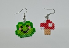 Frog and Mushroom Perler Fuse Bead Mismatched Earrings Pixel Art