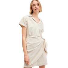 MNG Linen Blend Faux Wrap Short Sleeve Safari Dress Women’s Sz 8 in Beige NEW