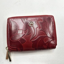 VALENTINA Leather Clutch Wallet Italy Embossed Tulip Leaf Zip Gorgeous Red