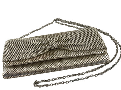 Vtg GUNNE SAX Silver Purse clutch bag metal mesh chain strap bow dressy fancy