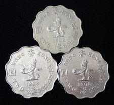 Hong Kong 2 Dollars 1982 , 1988 , 1990 Lot of 3 Coins WCA 288