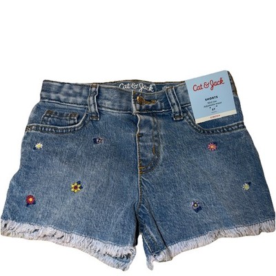 Cat & Jack Girls Denim Shorts, Raw Hem, Patches, Stretch And Adjustable Waist