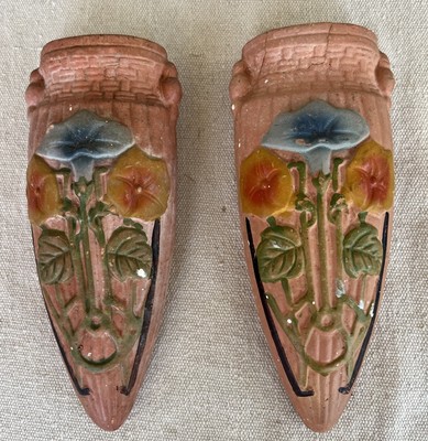 Vintage Very Old Red Clay Wall Pocket Vases with Morning Glories READ