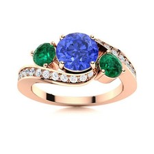925 Silver Rose Plated 5MM Round Swiss Blue Topaz  Emerald Three Stone Ring