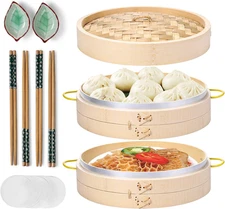 Bamboo Steamer Basket Set 10 Inch Steamer for Cooking, with Side Handles Chopsti