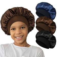 Kids Satin Hair Bonnet for Sleeping, 3 Pcs One Size, Black, Coffee, Dark Blue