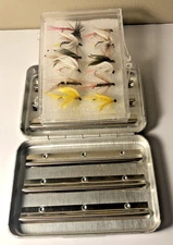 Vintage Perrine #66 Aluminum Fly Box w/ Fishing Flies, Aluminum 2.5" x 3.75"