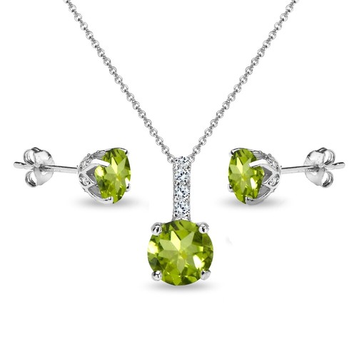 Round Crown Peridot & White Topaz Stud Earrings & Necklace Set in 925 Silver - Picture 3 of 4