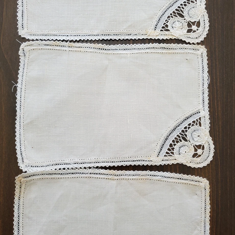 Antique Cloth Cocktail Napkins 3 Cream Battenburg Lace Corner 7.5x5" Cutwork - Image 4 of 4