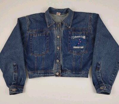 Vintage Prohibition Flower Club Embroidered Crop Fit Denim Jean Jacket Rare 90s