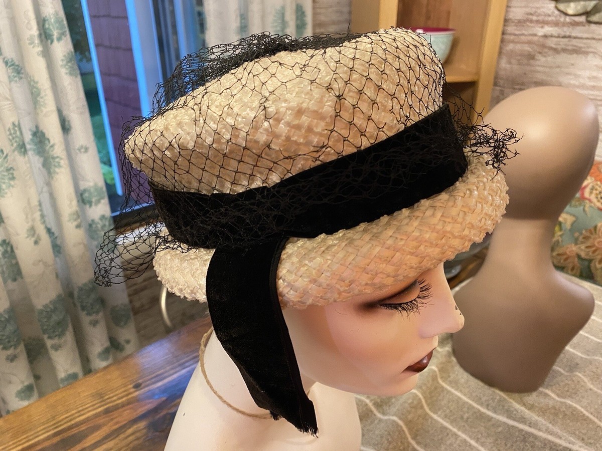 Roller Raffia Hat‎ Black With White Stripe Ribbon Band 1960s MidMod Sweet Original Mid-century Ladies main image 4