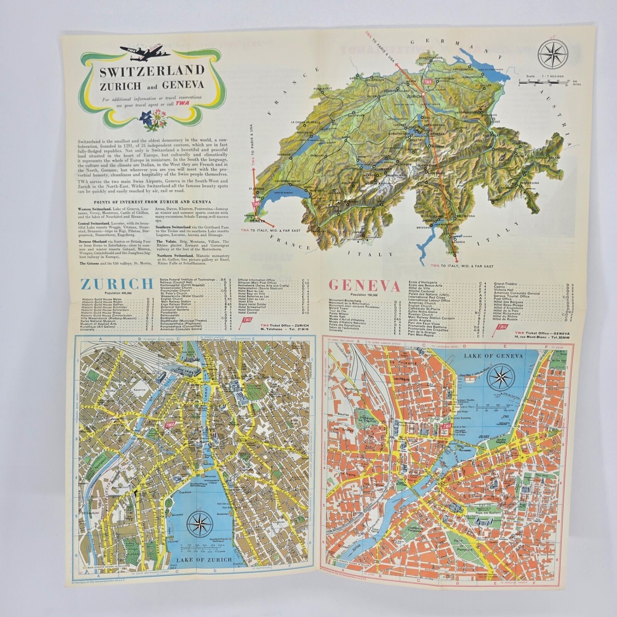 1950s TWA Switzerland Vintage Travel Brochure Maps Zurich Geneva