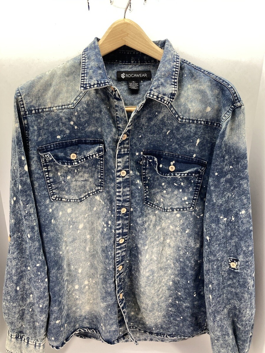 Rocawear Denim Shirt Men Sz XL Long Sleeve Button Bleach