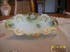 R.S. Prussia Vtg Delicate China White Rose Scalloped Oblong Double Handled Dish