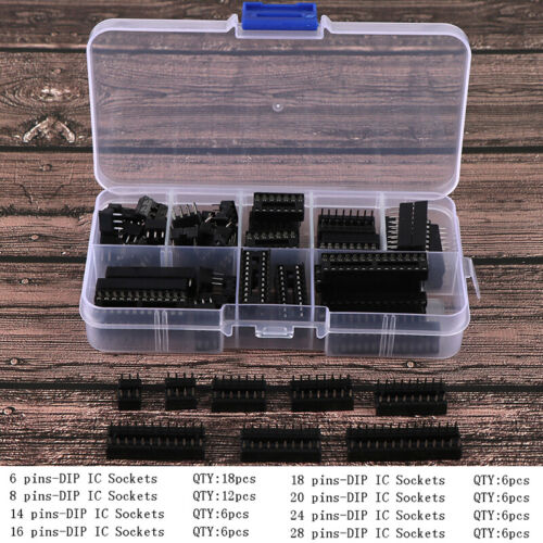 66Pcs/Box DIP IC Sockets Solder Type Socket Kit 6/8/14/16/18/20/24/28 Pi TwR1 - Afbeelding 1 van 12