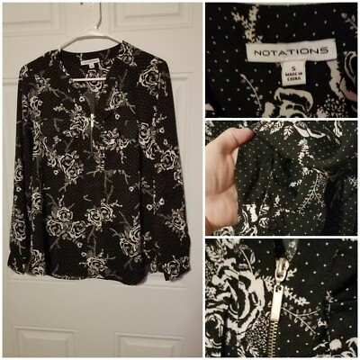 Notations Womens Black & White Career Shirt Sz Small Long Sleeve Zipper Front