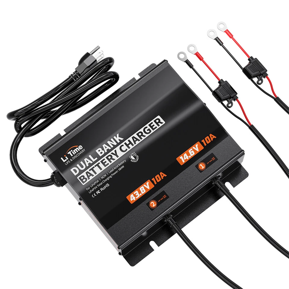 LiTime 12V (14.6V)+36V (43.8V) 10A Dual Bank Smart Charger for LiFePO4 Battery