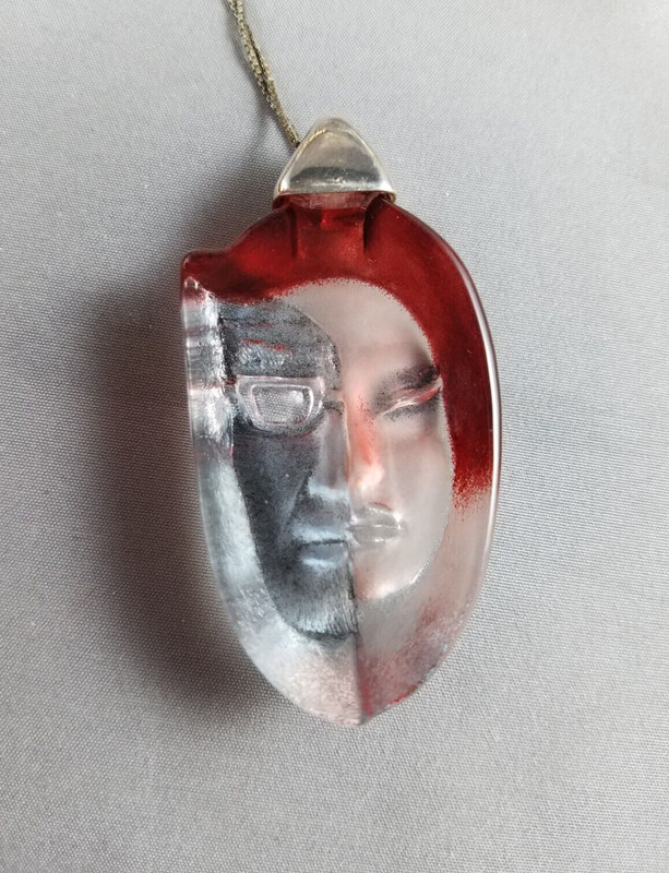 Vtg MATS JONNASSON Sterling Silver Art Glass Faces Necklace Pendant (S11)