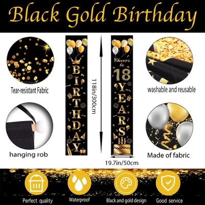 Happy 18th Birthday Door Banner - 3ft X 6.1ft Black & Gold Party Backdrop, Weather-Resistant Polyester - View #5