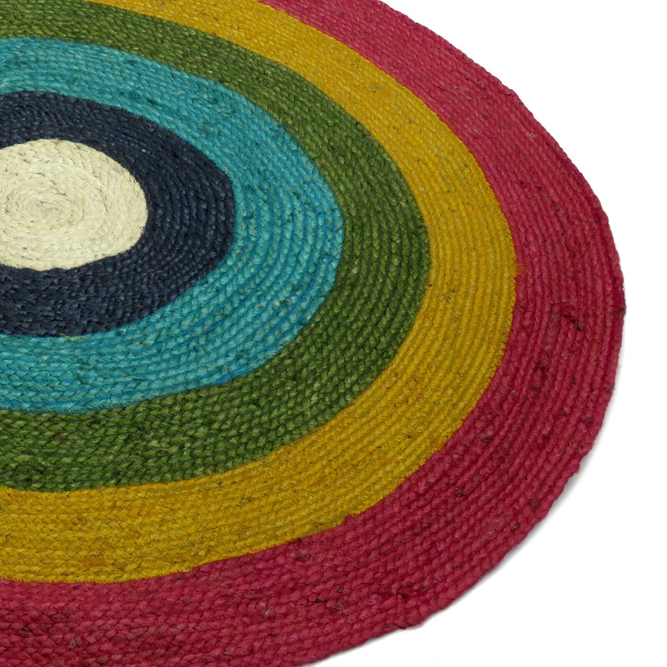 Alfombra redonda Oussum yute natural hecha a mano alfombras ojo de pez felicidad alfombra interior Foto 4 de 4