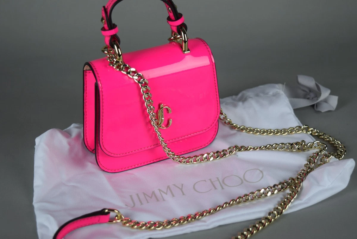 NWT Authentic JIMMY CHOO Micro Top Neon PINK Handle Patent Leather Bag Chain