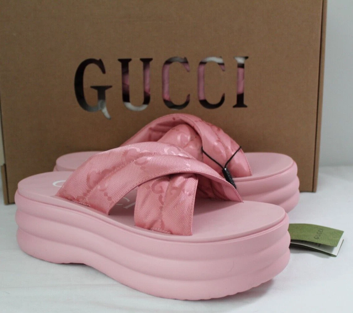 Sandales roses à enfiler Gucci GG Supreme Platform Crisscross Slides 40 738707 neuves avec étiquettes