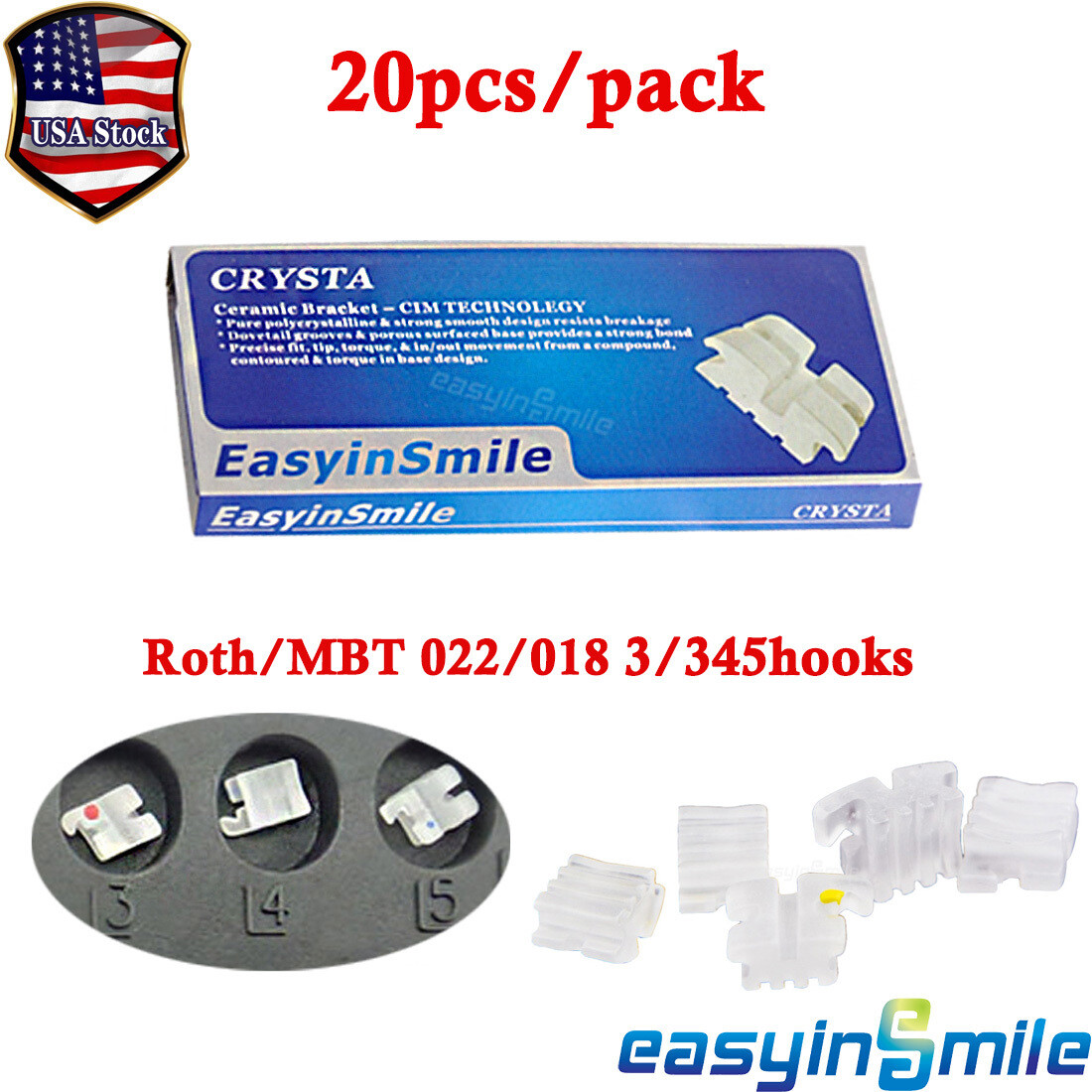 AZDENT Ceramic Dental Brackets - MBT/Roth .022/.018 With Hooks (20pcs/Kit) 4 thumbnail image