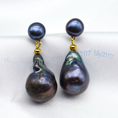 HUGE 16-20MM REAL NATURAL BLACK KESHI BAROQUE PEARL DANGLE GOLD STUD EARRINGS
