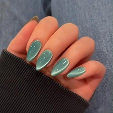 Cat Eye Teal Green Press on Nails Almond Shape, 30 cateye almond teal green