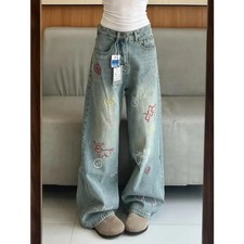 American High Street Denim Pants Women Autumn New Cartoon Embroidery High Waist 