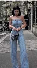 Zara  jumpsuit Denim Strapless Wide Leg   Uk XL Front Button Fastening holiday 