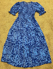 Navy & Light Blue Print Smocked Top Puff Short Sleeve Tiered Midi Dress  size M