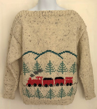 Vtg Handknit Childs Cream Speckled Wool Boat Neck Pullover Red Train Sweater 6/7