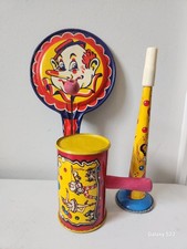 Tin Noise Makers - Circus Clown - Kirchoff, US Metal Toy - Horn Drum