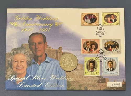 1997 Jersey £5 Coin In PNC.  QEII Golden Wedding. 6 Stamps. S0466