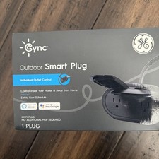 Prise intelligente extérieure GE Cync noire neuve ouverte pour photos