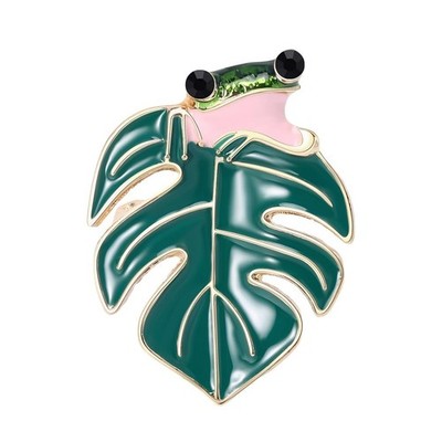 Monstera Leaf Brooch Pins for Women, Green Leaf Brooch Pin, Cute Frog Anima - 01