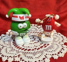 Vintage M&M Red & Green Character Ornament Set Santa Hat MARS Candy Decor 1989